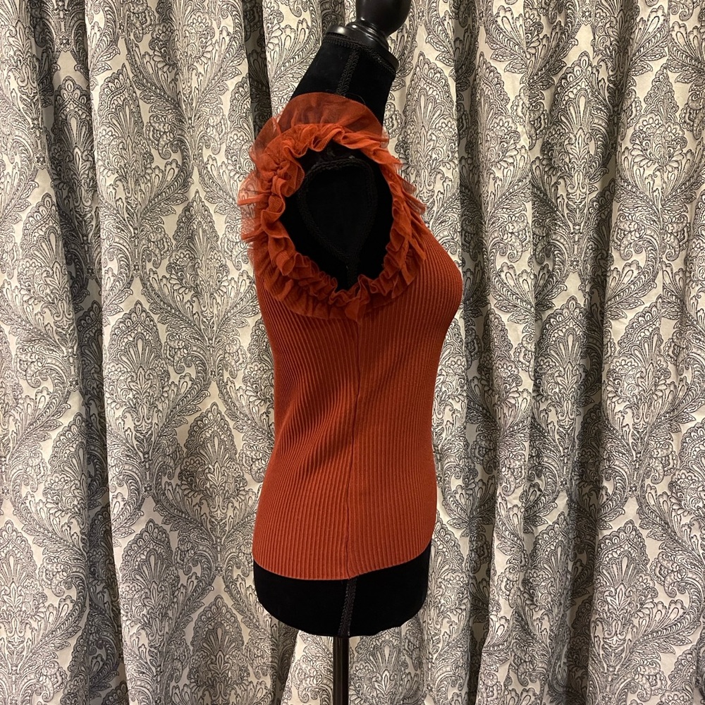 Anthropologie Bailey 44 RUST TULLE CAP SLEEVE RIBBED TOP FALL COLORS - Picture 6 of 10